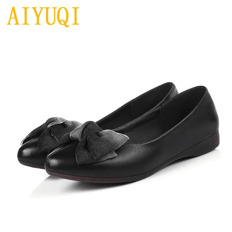 AIYUQI/Женская обувь г. Новые весенние женские туфли из натуральной кожи на плоской подошве повседневные женские лоферы из мягкой кожи с бантом, большие размеры 41, 42, 43 - Цвет: black