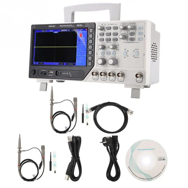 

DSO4102C AC100-240V 2CHs 100MHz Oscilloscope Function Arbitrary Waveform Generator Mater Tester Tool with BNC to BNC cable