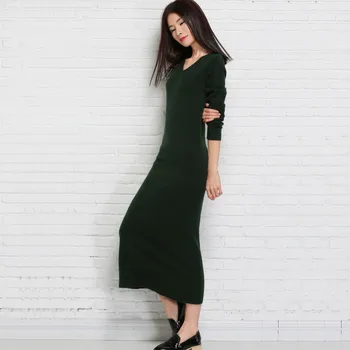 

DELICCOLOR slim Knitted sweater dress women long Korean style 2018 autumn dress V collar basic bottom dresses winter knit