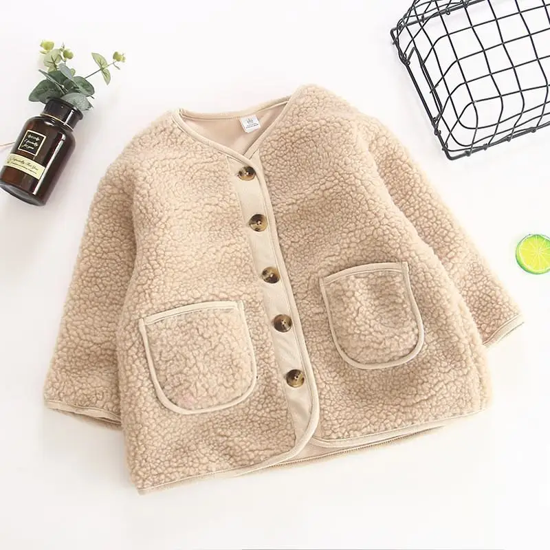 

2019 Autumn Winter Baby girls Faux Lambs Wool Coats Kids Girls Solid Color Buttons Jackets Children Casual Warm Outerwear Q254