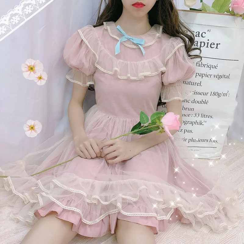 

Japanese Lolita Dress women Kawaii 2019 summer soft sister wind sweet puff sleeve layer mesh gown fairy dress cute