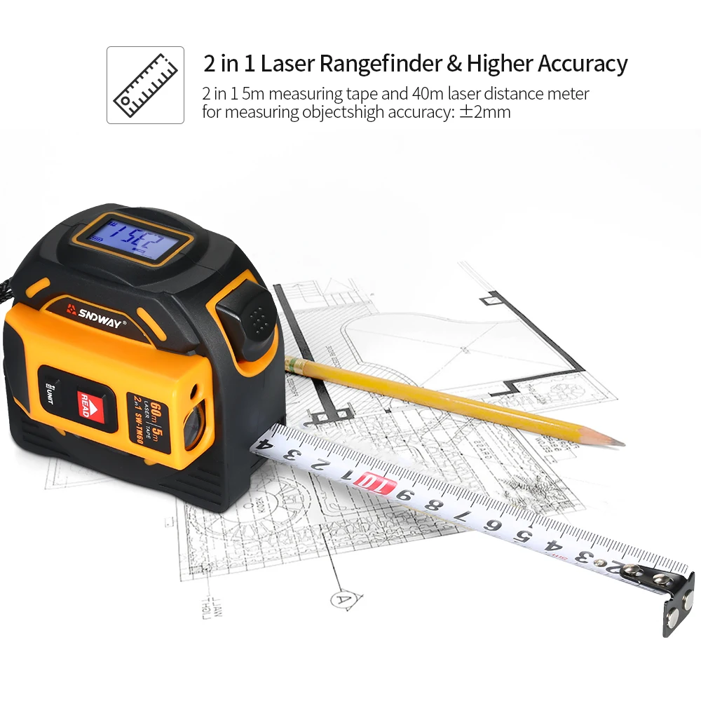 

Digital Laser Distance Meter Rangefinder Handheld Infrared Range Finder 2 in 1 5m Measuring Tape 40m Laser Ruler + LCD Display
