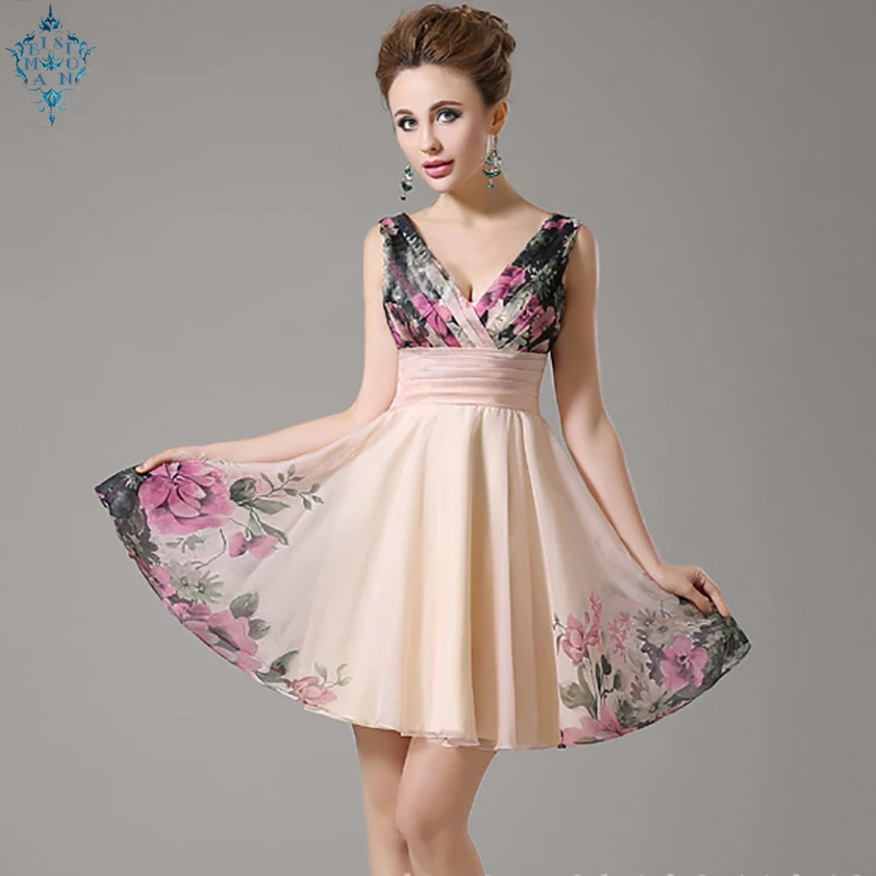 

Ameision Chiffon Evening Dress Party Gown Sweetheart Floral Printed Sleeveless Short Evening Dresses 2019 Robe De Soiree