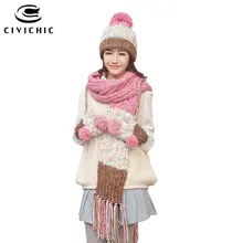 Civichic Топ Класс зима теплый комплект вязать шляпу, шарф, перчатки бархатные помпоном шапочки-бини кисточкой шаль утепленные варежки SH177
