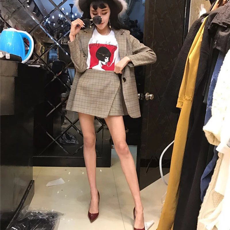 

Vintage Plaid 2 Piece Set Women Pant Suits Single Button Blazer & High Waisted Shorts Female Work Business Suits