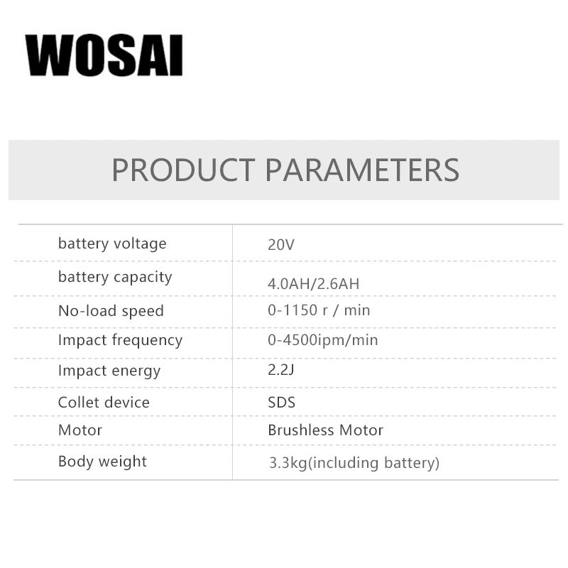 WOSAI 20V Electric Impact Drill Rotary Hammer Brushless Motor Cordless Hammer Electric Drill Electric Pick for Switch Freely 