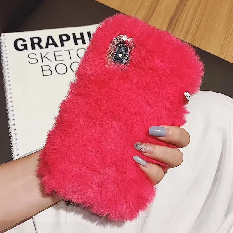 Luxury Rabbit Fur Case for iPhone XS Max Xr X 8 7 6 6S Plus SE 5S Cover Fashion Bling Diamond Winter Soft Furry Plush Phone Case puffer case Cases For iPhone