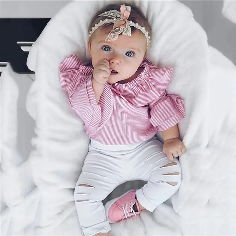 Baby Clothes Toddler Infant Baby Girl Striped Tops Romper Ripped Pants Outfits Clothes Set romper do beb menina #15O18 #F (7)