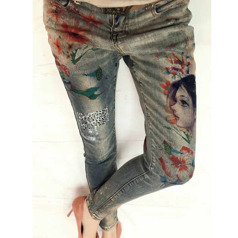European Station Printed Stretch Pants Please Oil Painting
