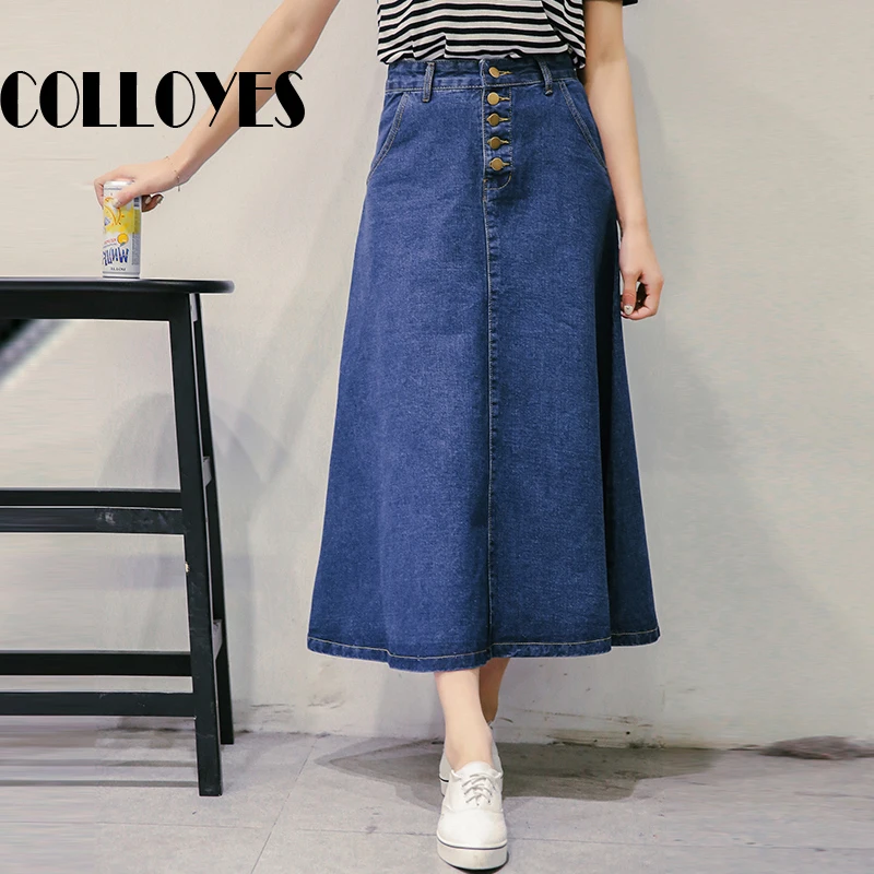 long denim skirt women high waist skirts plus size blue jeans skirt