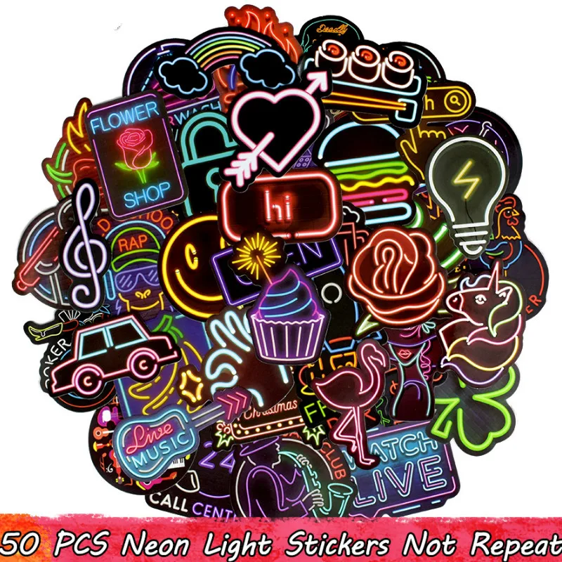 2-50PCS Neon Light Sticker for Luggage Laptop Decal Skateboard Stickers Child Colorful Light Billboard Toys for Kids Bedroom Decor