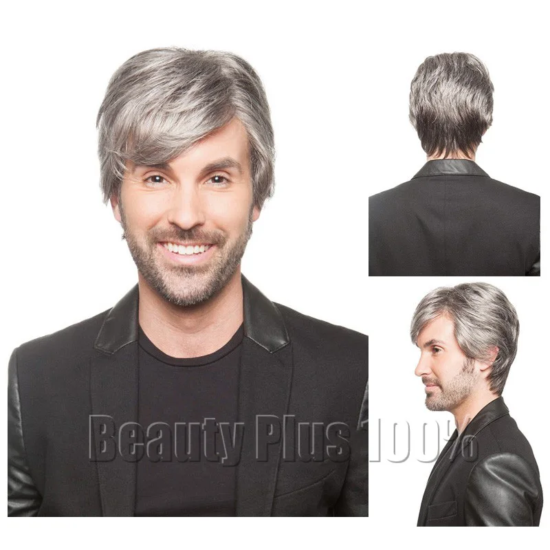 Mens Male Wig Handsome Vogue Short Sliver Grey Straight Wigs For