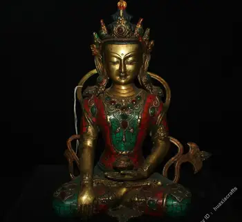 

11.6" Tibet Buddhism Bronze Turquoise Coral Gilt Amitabha Kwan-yin Buddha Statue