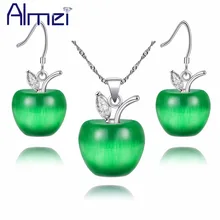 Almei 49% 핑크 크리스탈 웨딩 애플 쥬얼리 세트 실버 컬러 목걸이 귀걸이 세트 여성 그린 화이트 레드 귀걸이 yl007(China)