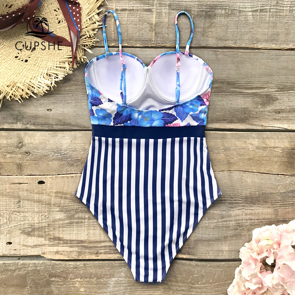 Preise CUPSHE Sexy Blau Hibiscus Blumen Und Streifen Einteiliges Badeanzug Frauen Push Up Monokini 2020 Mädchen Strand Badeanzüge