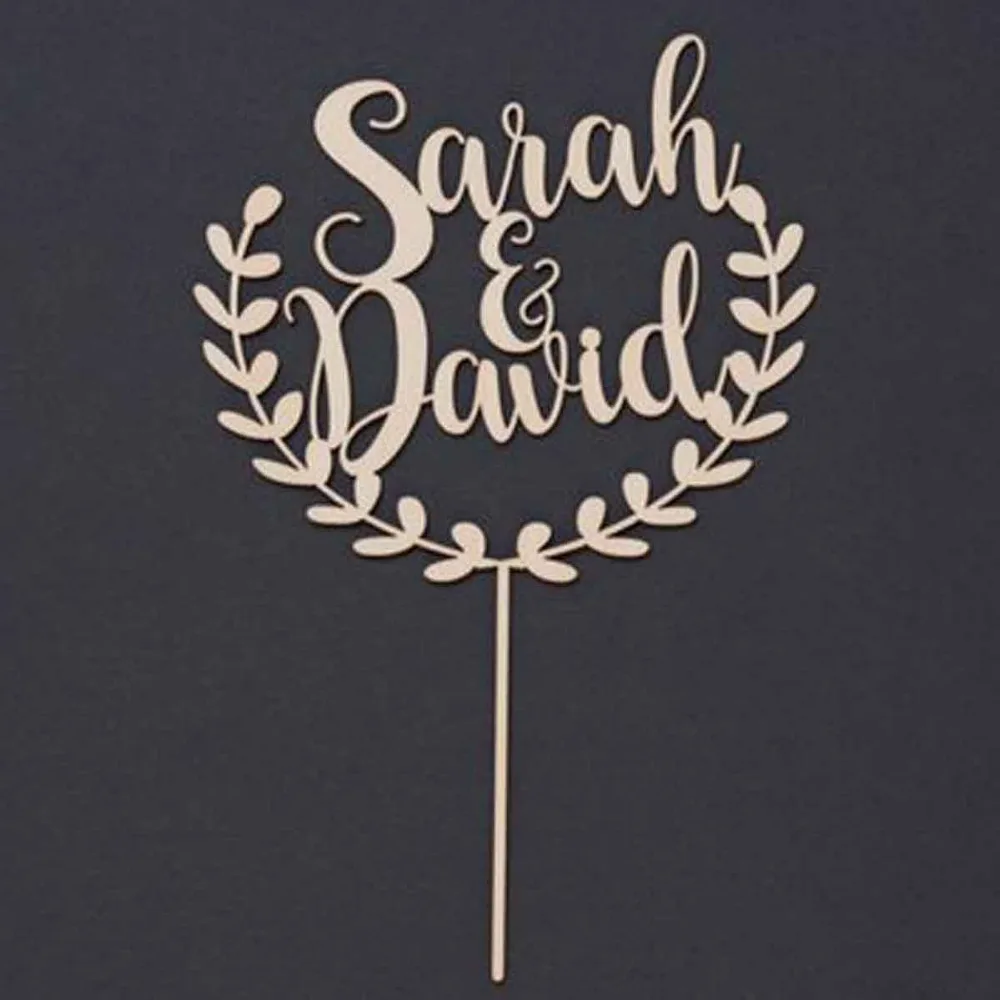 Custom wreath Rustic wedding cake topper Wooden Wedding Party Decoration Personalized Name Rustic wood Cake Topper (2)