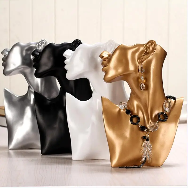 High quality Earring Necklace Display Stand Rack Black White Gold Silver Resin Jewellery Organizer Holder Bust Case