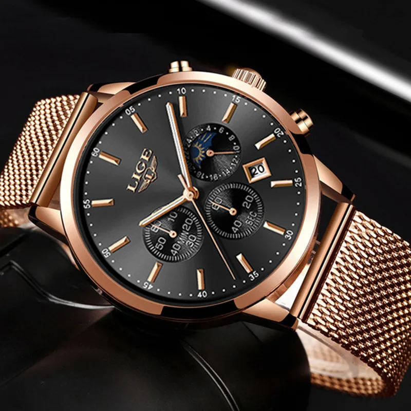 

Relogio LIGE New Top Brand Fashion Luxury Gold Mesh Band Creative WristWatch Casual Women Watch Quartz Clock Gift Gold Watch Men