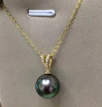

free shipping >>>>noble jewelry AAA round 11-12mm natural round Tahitian black green pearl pendant 18K gold