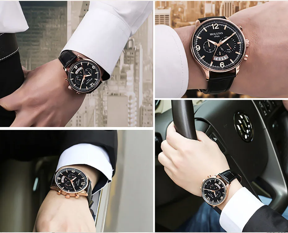 HOLUNS Men Leather Strap Watch 24 Hour Quartz Watches Casual Wristwatch Water Resistant Luxury Round Glass Dial Clock (12)