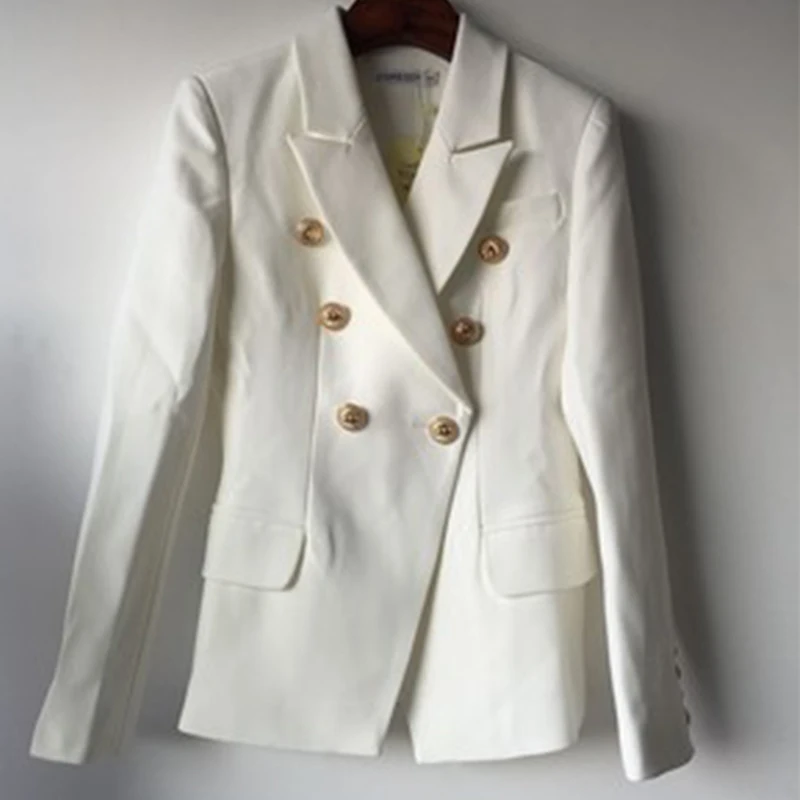 Metal Lion Buttons Women Blazer Fashion Double Breasted Female Short Slim Fit Solid Blazer Jacket for Office Daily Coat XS-2XL