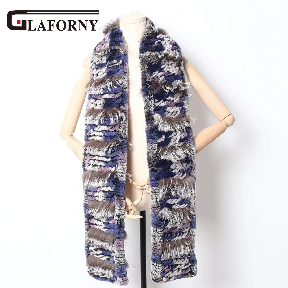 

Glaforny 2018 New Style Women Knitted Rex Rabbit Fur Scarfs Long Style with Silver Fox Stripes Wraps Patchwork Color Warm Shawls