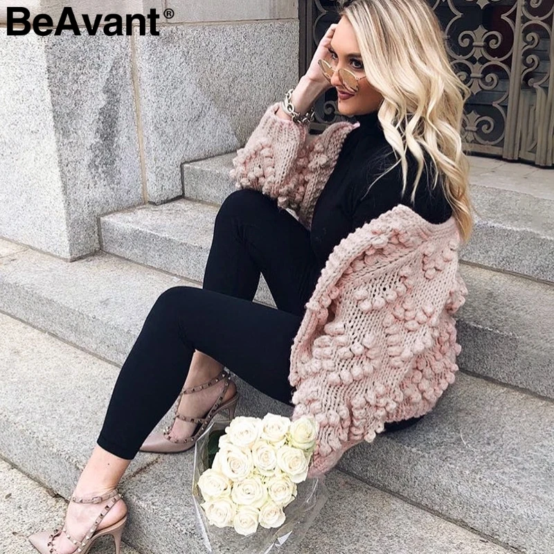 BeAvant O neck long sleeve knitted women sweater Casual hairball pink cardigan jumper 2018 Autumn streetwear winter outwear