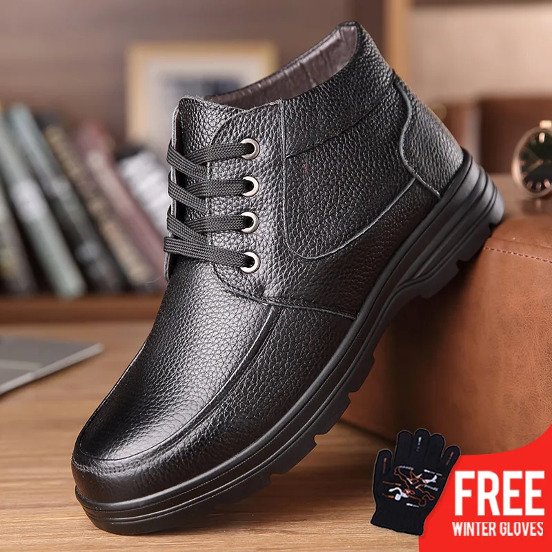 

OSCO Genuine Leather Mens Shoes Fur Ankle Boots Business Warm Winter Shoes Snow Mens Boot Lace Up Work Shoes Male