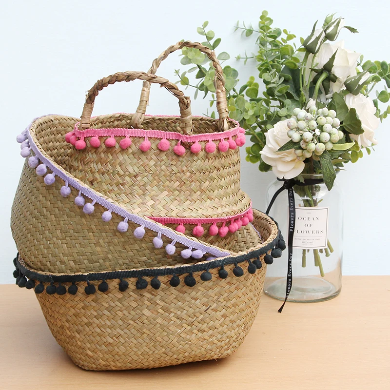 

Foldable Natural Seagrass Woven Storage Pot Garden Flower Vase Hanging Basket With Handle Storage Bellied Basket