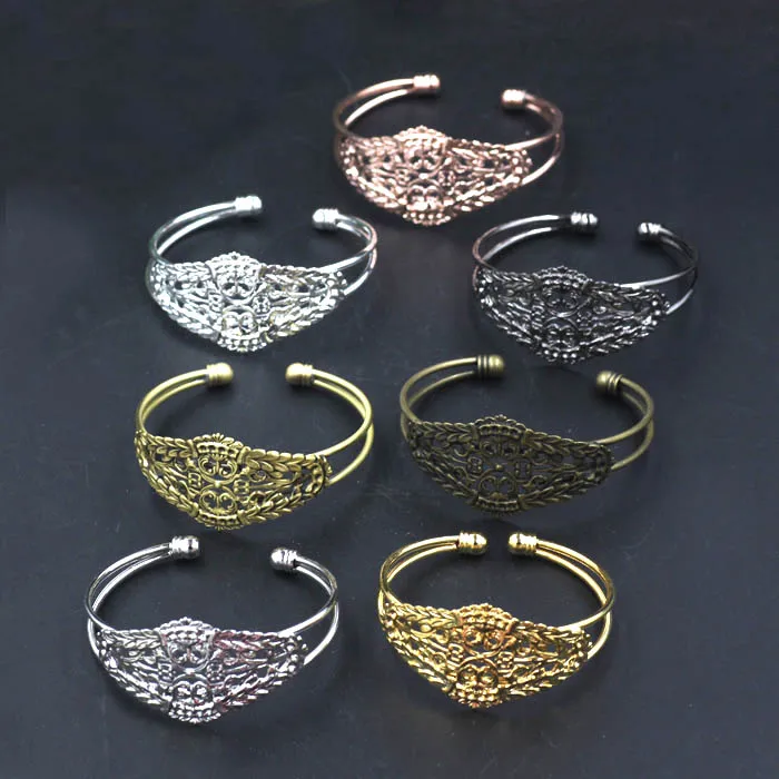

New Silver Plated Brass Blank Hollow Filigree Flower Bezel Bases cuff Bracelet Bangle Settings Findings