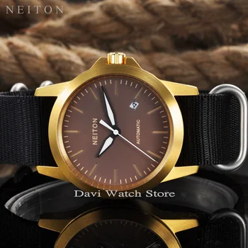 

Sapphire Glass 42mm Automatic Movement Coffee dial Date Watch mens Neiton Stainless steel Brushed Gold case watches Nylon strap