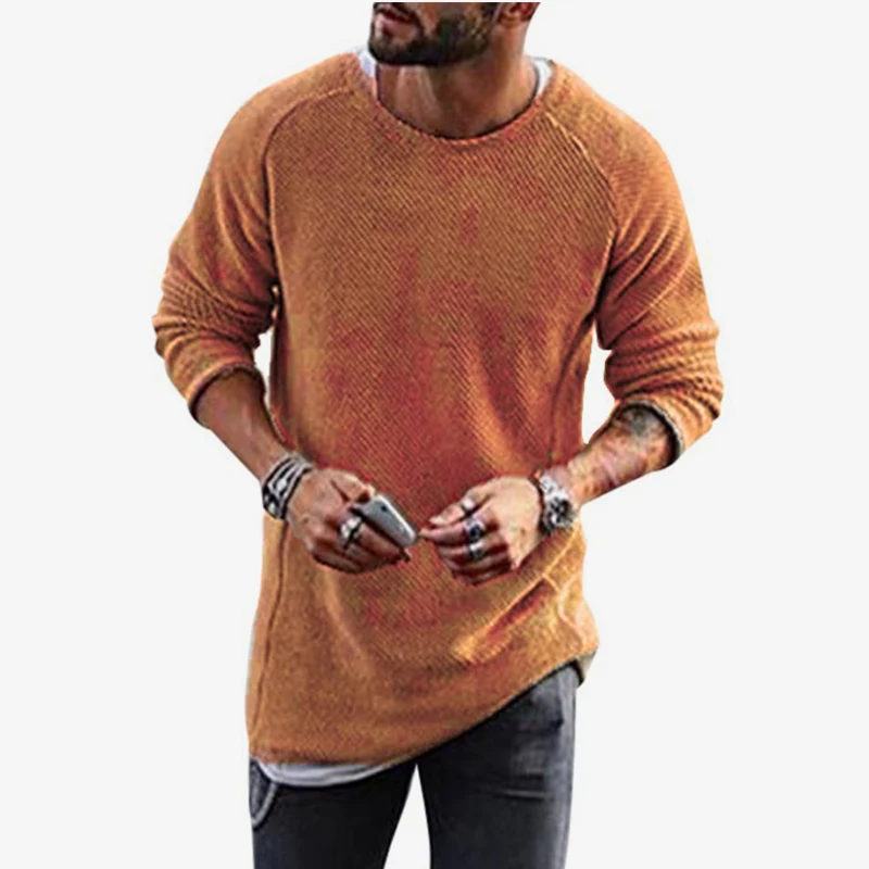 Вязаный мужской свитер с круглым вырезом и длинным рукавом, однотонный черный твил, теплый мужской пуловер, осень, классические повседневные мужские свитера - Цвет: Коричневый