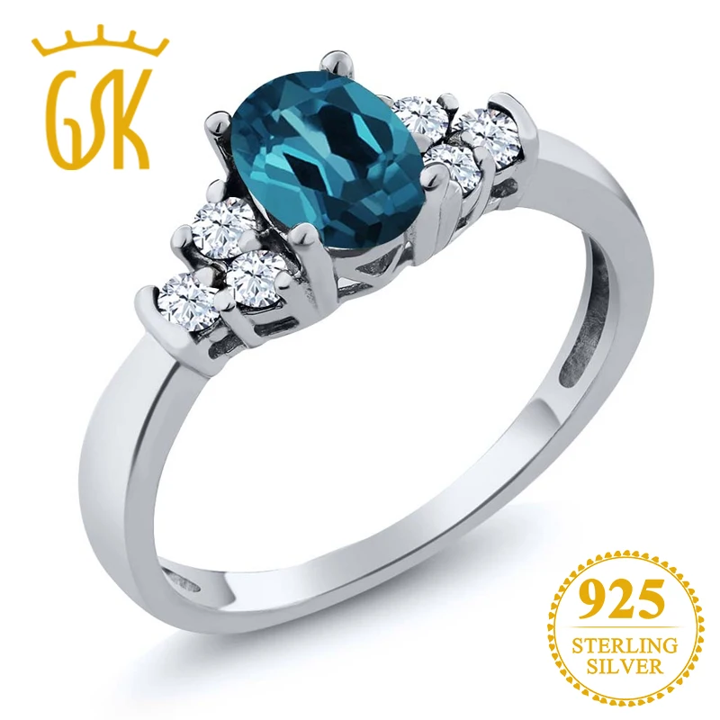 Gemstoneking 0.79 CT ОВАЛЬНЫЙ Лондон Голубой топаз белый Драгоценное кольцо