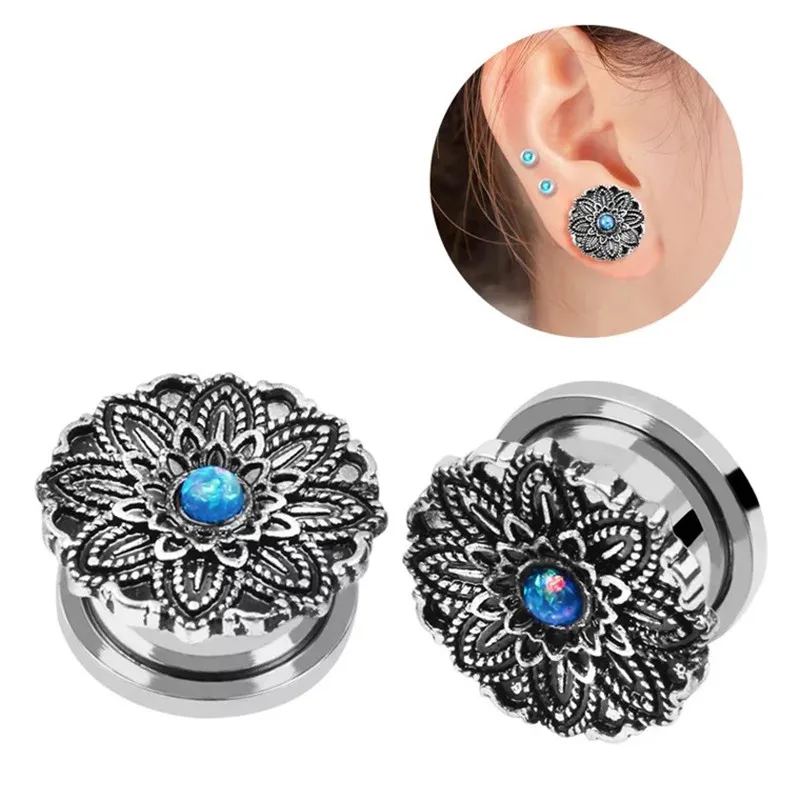 2pcs Stainless Steel Flowers Ear Plugs Tunnels Piercings Screw