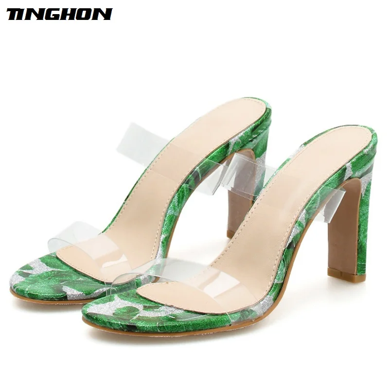 

TINGHON New Women Pumps PVC Square Heel Transparent Ruffles Slip-On Summer Pumps Round Toe Wedding Daily Size 35-40