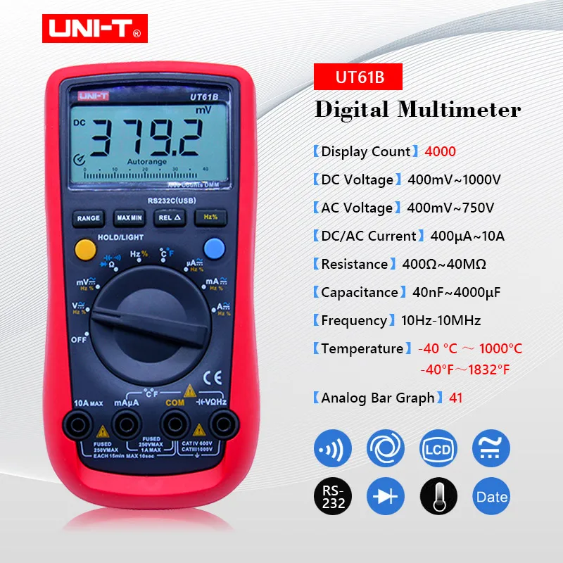 UNI-T Автоматический диапазон цифровой мультиметры тестер RMS пиковое значение RS232 REL AC DC Амперметр UT61A/B/C/D/E True RMS - Цвет: UT61B