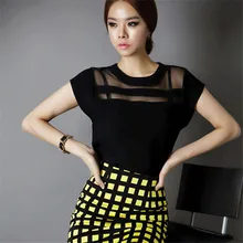 New Summer Women Black Tulle Sheer Blouses Shirts Ladies Tops Chiffon Blouse Short Hollow Out M-XXL Plus Size