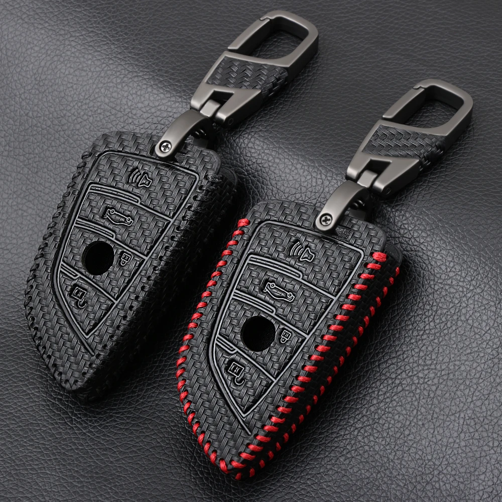 

Carbon Fiber Style Leather Men Car Remote Key Case Cover Chain Holder For BMW X1 X3 X4 X5 X6 F15 F16 F48 G30 G38 1 2 5 7 Series