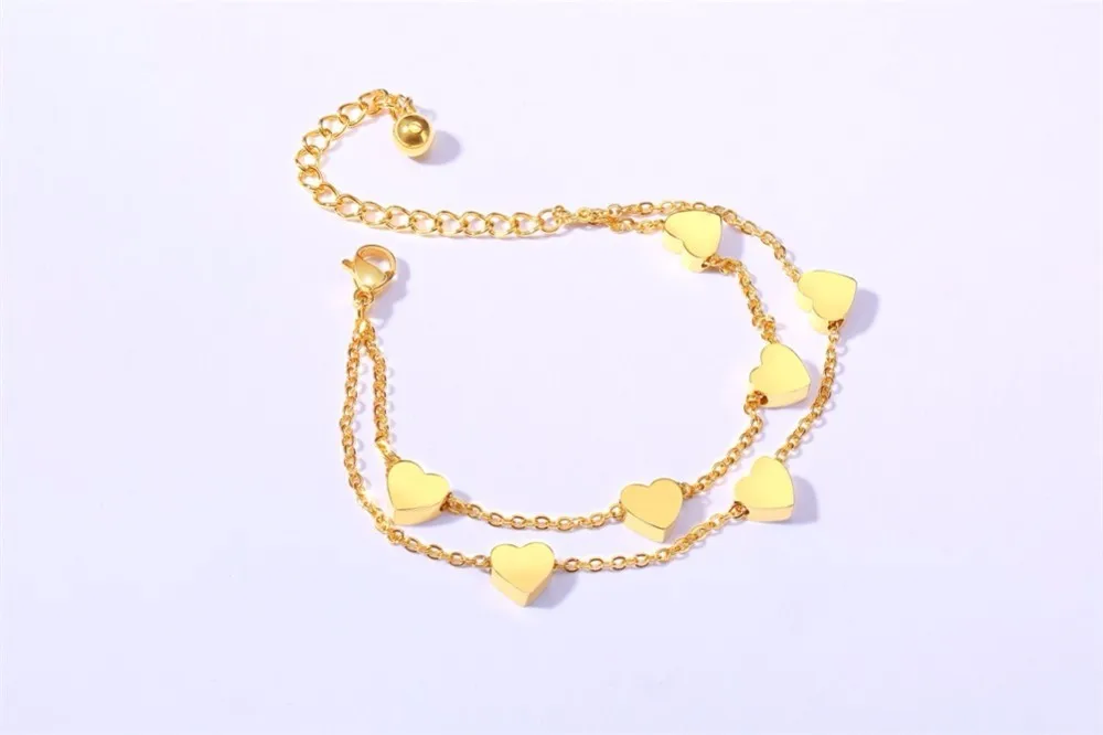 Золотой цветной браслет для женщин, двухслойная цепочка, браслеты в форме сердца из нержавеющей стали, женские Украшения