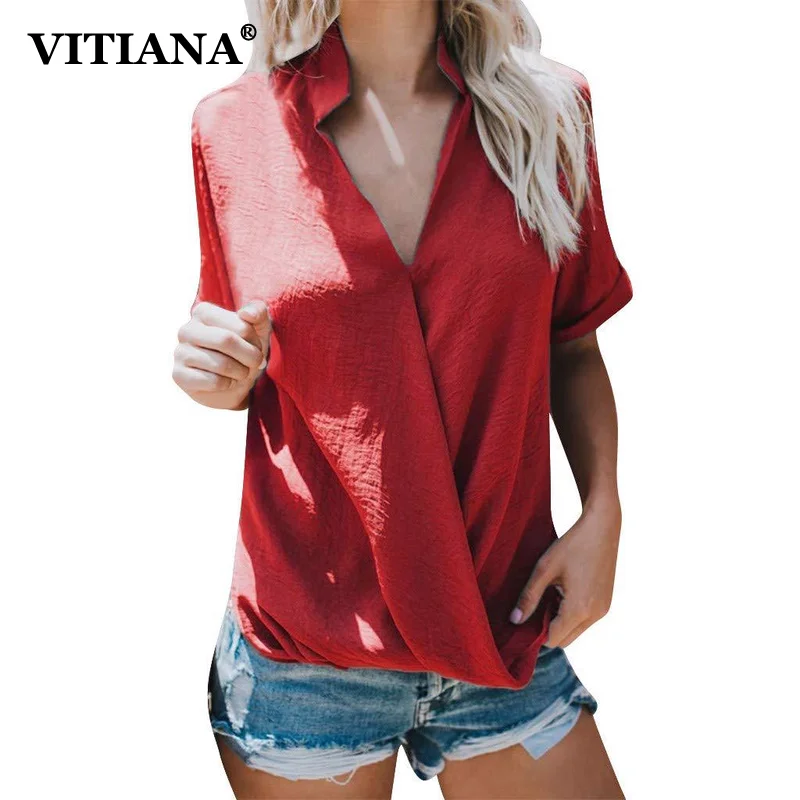VITIANA Women Casual Chiffon Beach Blouse Summer 2019 Female Black Short Sleeve Stand V-Neck Streetwear Womens Tops and Blouses VITIANA Women Casual Chiffon Beach Blouse Summer 2019 Female Black Short Sleeve Stand V-Neck Streetwear Womens Tops and Blouses