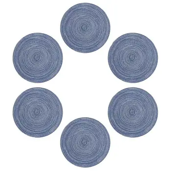 

New Round Placemats For Dining Table Heat Resistant Wipeable Placemat Washable Kitchen Place Mats Set Of 6,Blue Round