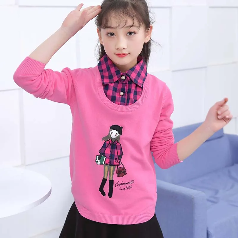 Одежда для девочек-подростков 12 лет свитеры для девочек зимний свитер с героями мультфильмов пуловер, вязаные свитера для детей Поддельный Воротник платье принцессы «кроше» - Цвет: 06 pink