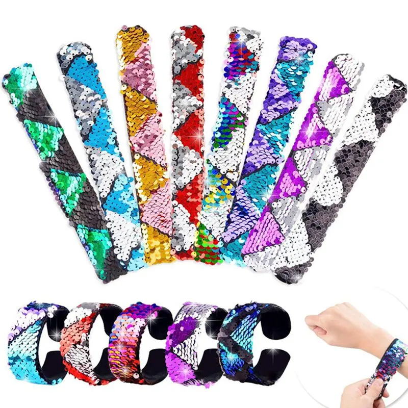 

Magic Paillette Mermaid Patted Bracelets Two-Color Sequin Reversible Glitter Slap Bracelets Charms Wristband For Kids Grownups