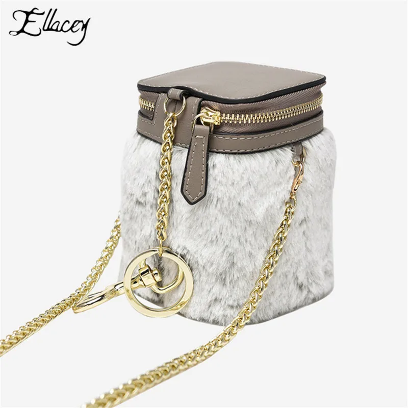 

2019 New Women Genuine Leather Bags Fashion Mini Travel Fur Handbag Chain Bucket Bag Luxury Handbags Women Bags Designer