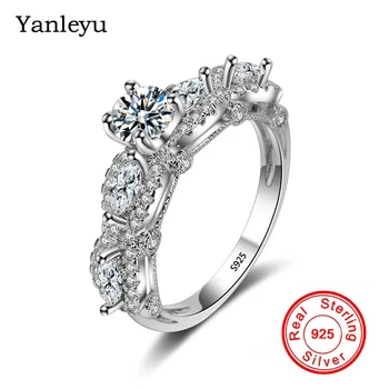 

Yanleyu Genuine 925 Sterling Silver Ring Eye Zircon CZ Flower Ring Wedding Jewelry Female Engagement Ring Women Gift PR325