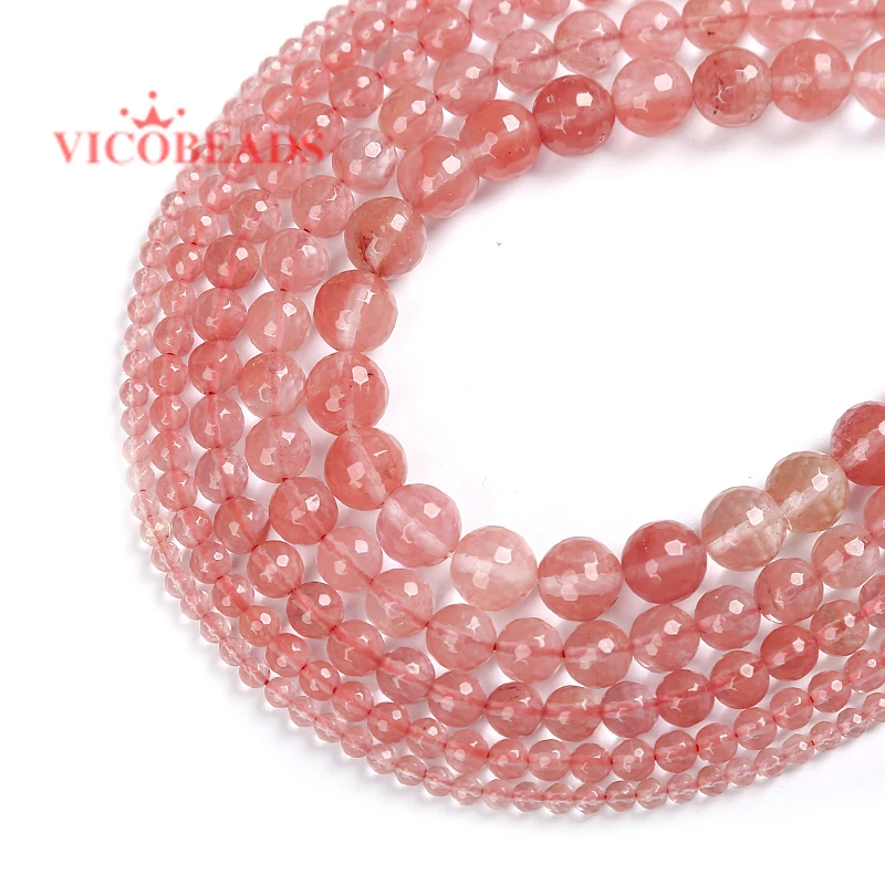 

Natural Stone Faceted Pink Cherry Quartz Loose Beads Faceted Red Watermelon Stone 4 6 8 10 12MM Pick Size For Jewelry Making
