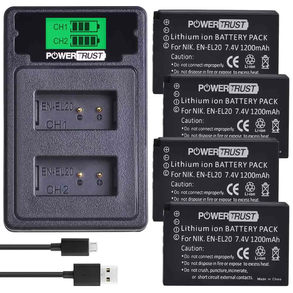 PowerTrust 2 шт. 1200 мАч EN-EL20 EN-EL20a EN EL20 батарея+ ЖК-дисплей Dual USB зарядное устройство для NIKON 1 J1 J2 J3 S1 батареи камеры - Цвет: 4 battery set