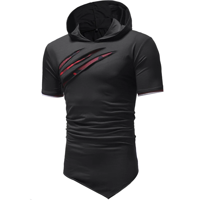 

Brand 2018 Male Short Sleeves T Shirt Hooded T-Shirt Trends Solid Color Sweatshirt Men Summer Scratch hole Hip Hop Tee Shirt