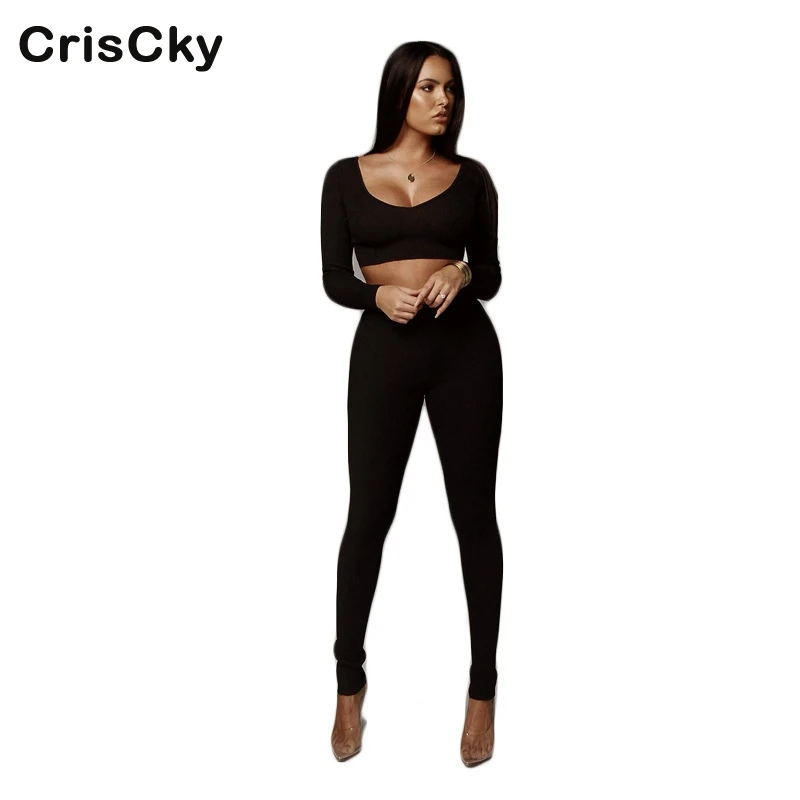

CRISCKY 2019 Autumn Sexy Knit Two Pieces Set Off Shoulder Long Sleeve Short Crop Tops Elastic Waist Slim Pant Two Pieces Outfits