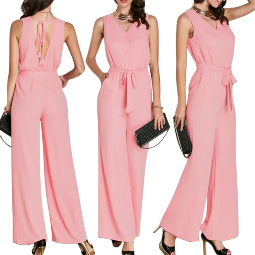 Pink Sleeveless Jumpsuit Women V Neck Loose Wide Legs Pant Office Lady